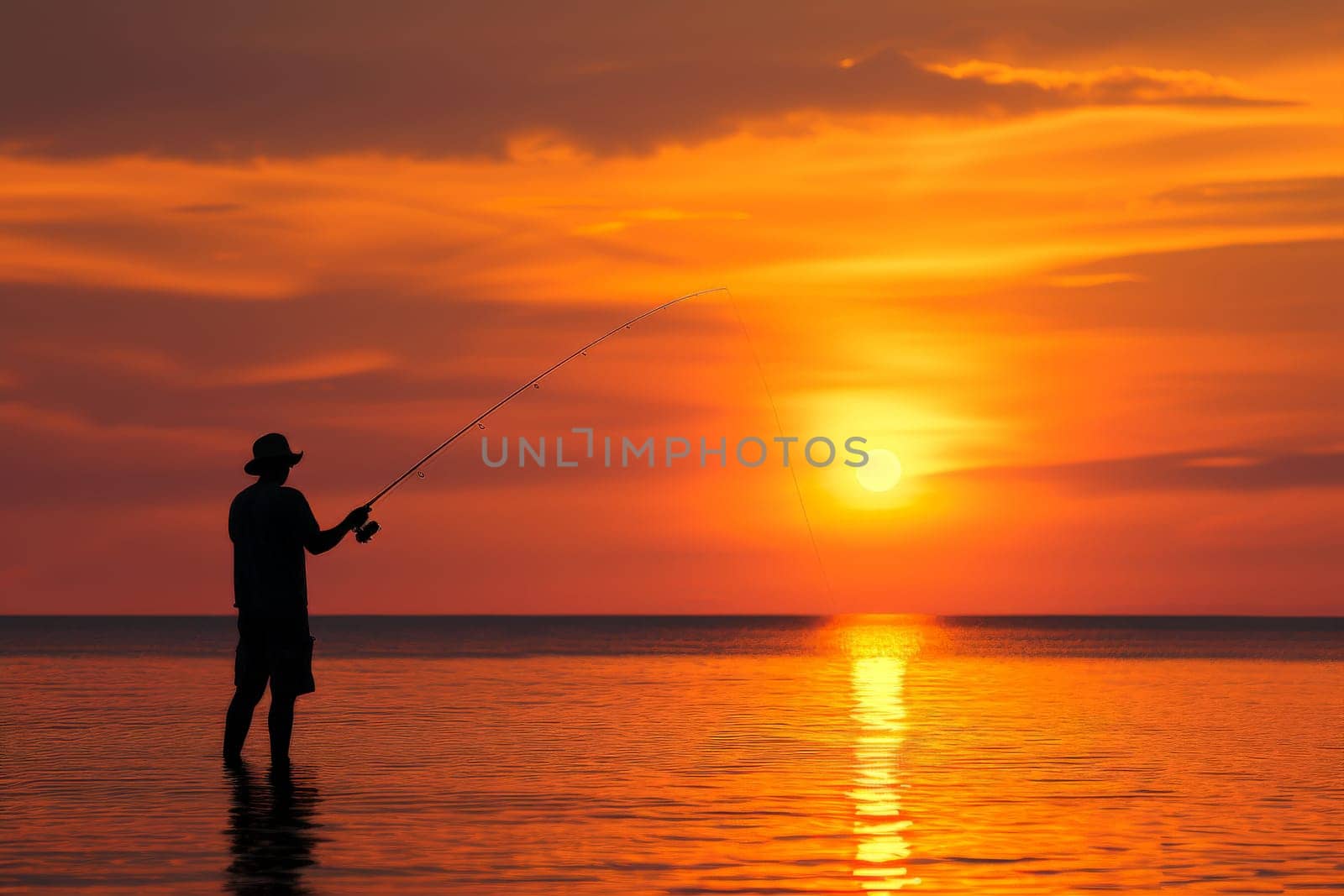 Sport fishing man with sunset, silhouette Fisherman.