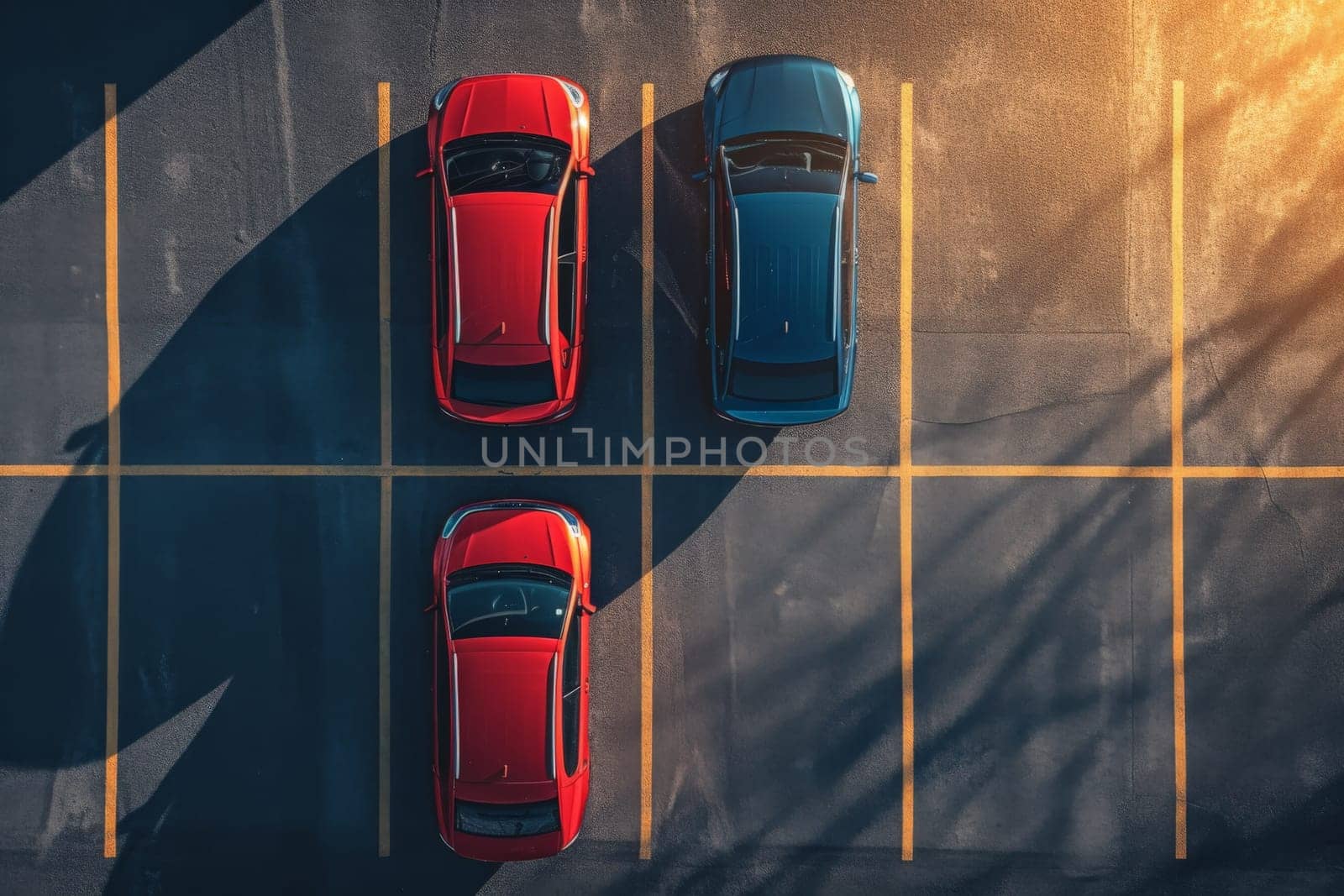 Top Angle View of Cars Parked on outdoor Parking Lots area in front of building with Shadow.