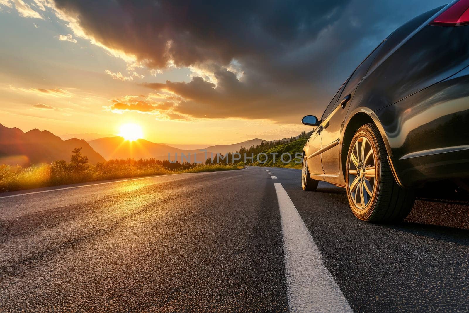 car on mountain road traveling around the world highways and sunset, tires on the asphalt road.