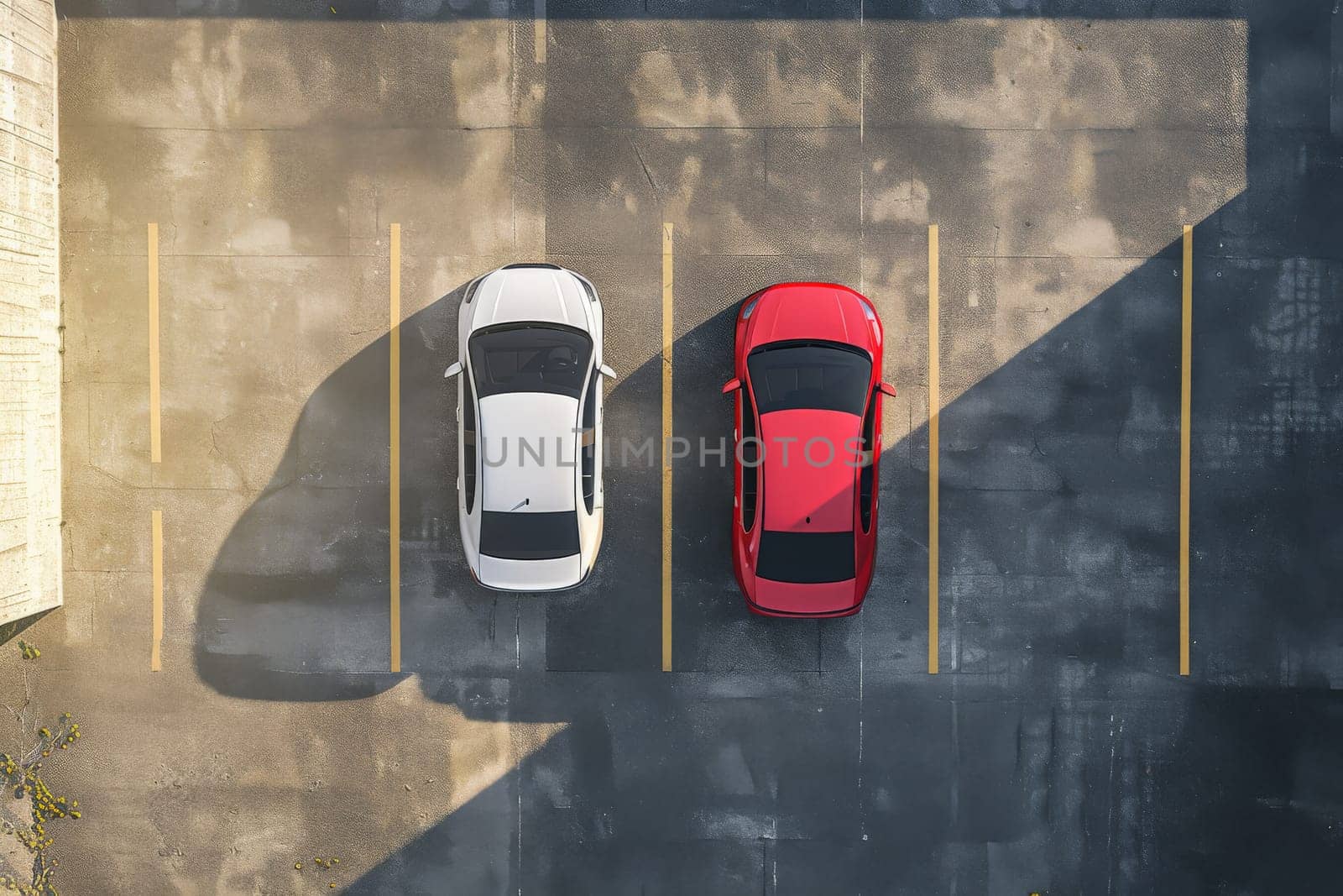 Top Angle View of Cars Parked on outdoor Parking Lots area in front of building with Shadow.