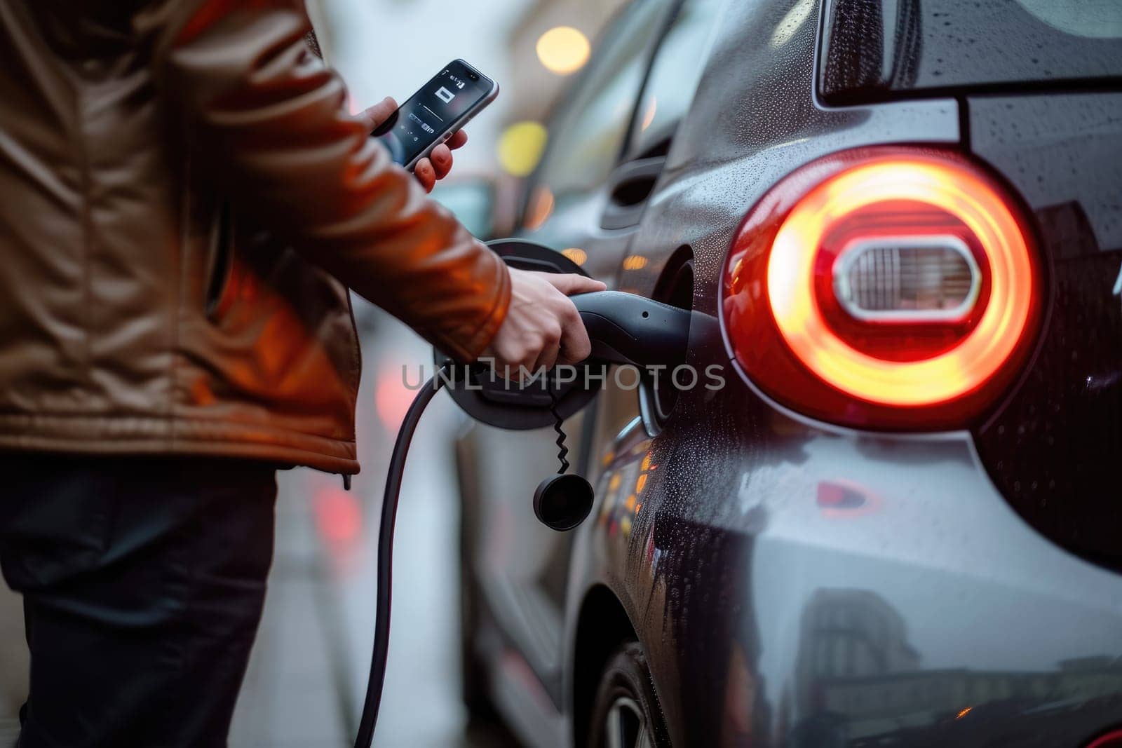 a man stands with his car at a charging station and operates it with his cell phone, generative AI.