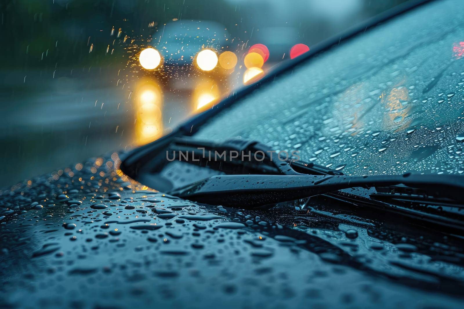 Car windshield with rain drops and frameless wiper blade closeup. ai generative.