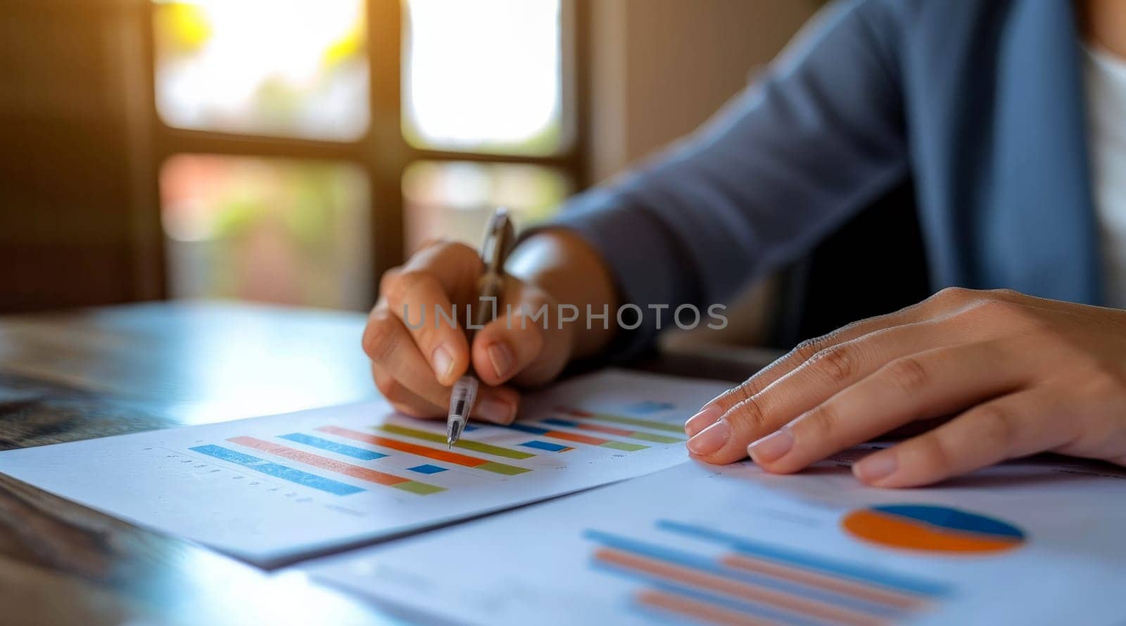 close up hand Businessman review report. Graphs and charts. Business reports concept Ai generated by matamnad