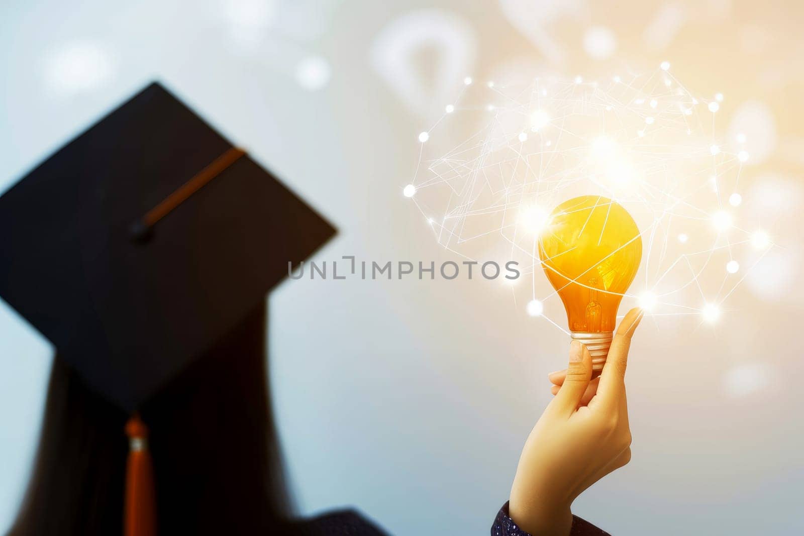a woman with graduation, light bulb symbol of intelligence, generative ai.