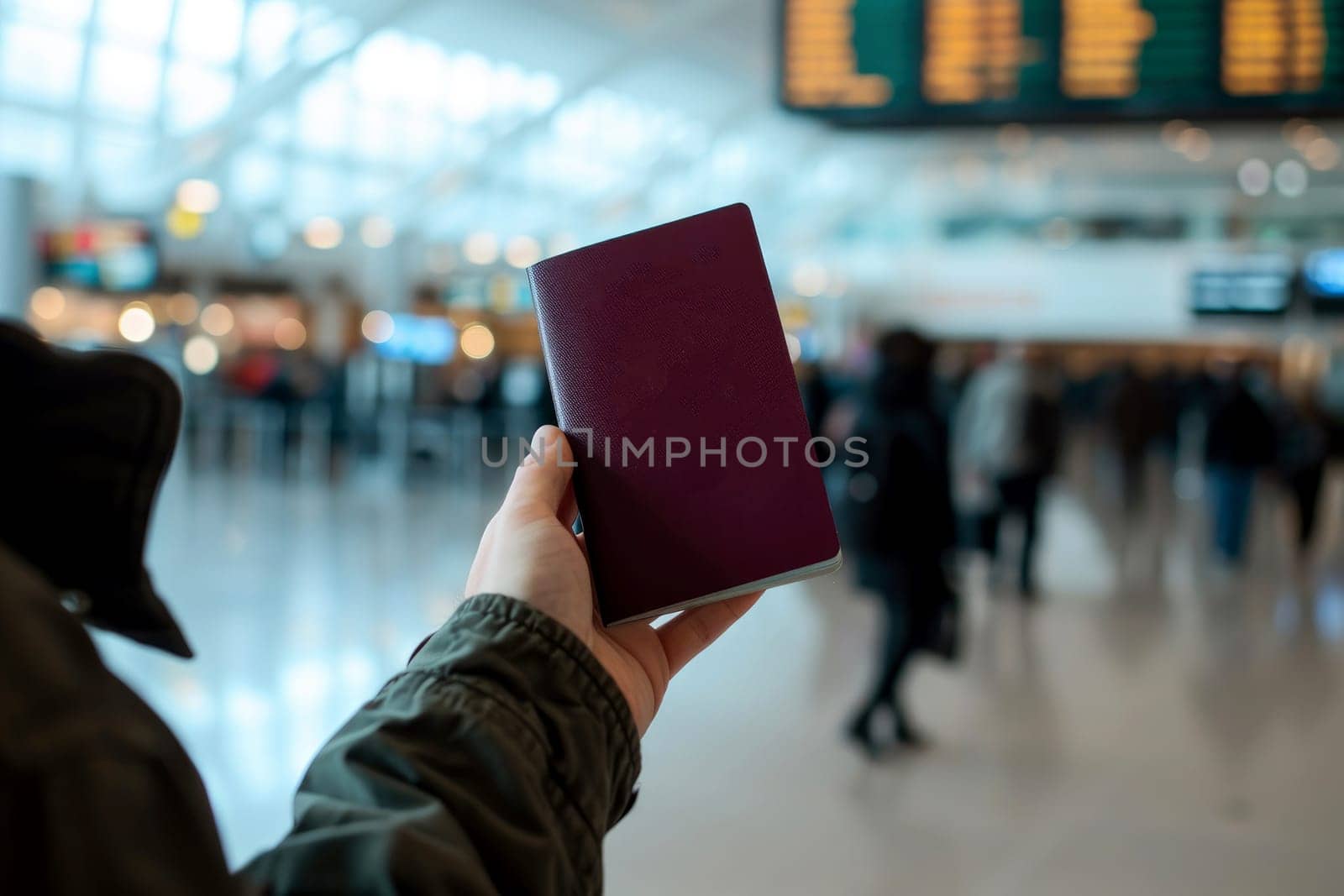 Passport in the hands of a tourist in the airport terminal. Generative AI by matamnad