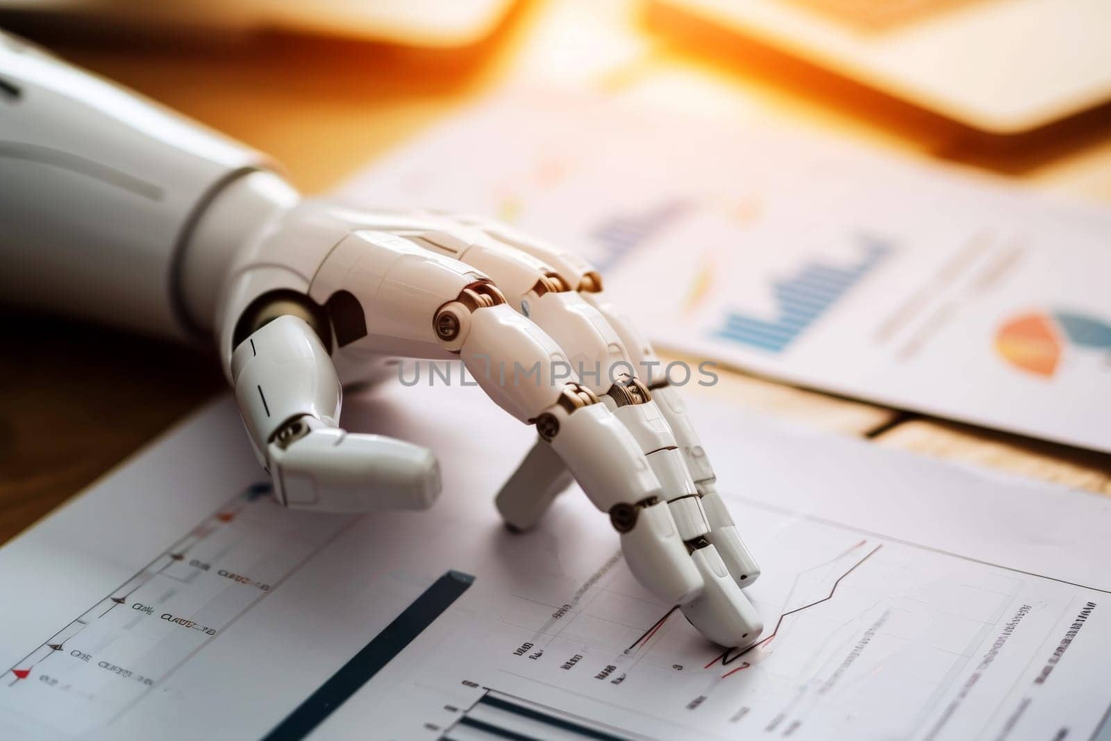 a robot hand review report. Graphs and charts. Business reports concept Ai generated by matamnad