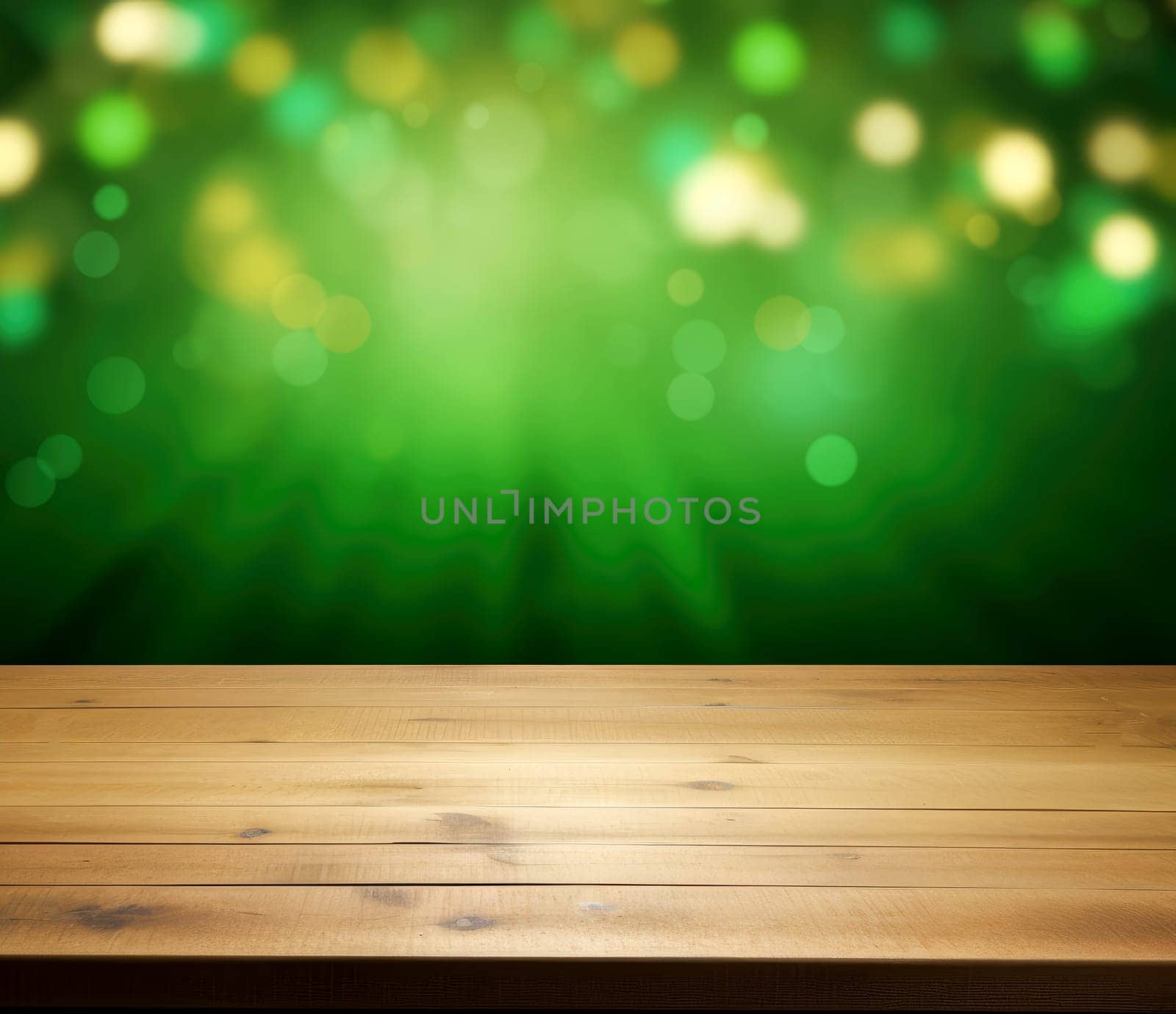St. Patrick's Day concept. Image of wooden table in front of abstract blurred background of Bar lights. Generative Ai..