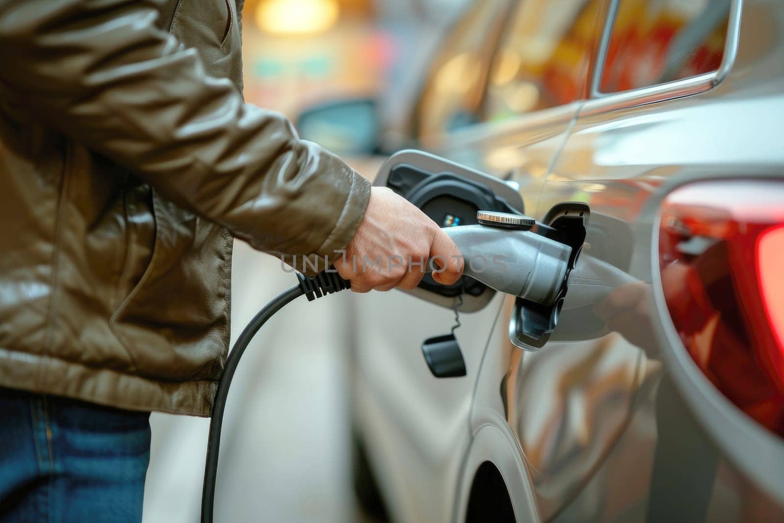 Close up shot of a man charging electric car. Generative AI.