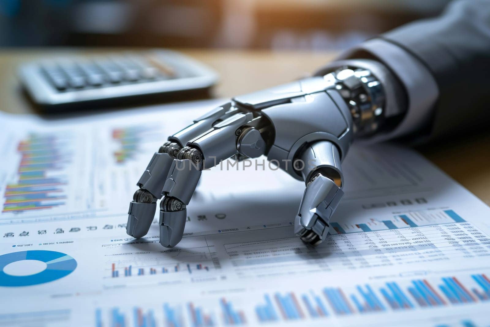 a robot hand review report. Graphs and charts. Business reports concept Ai generated.