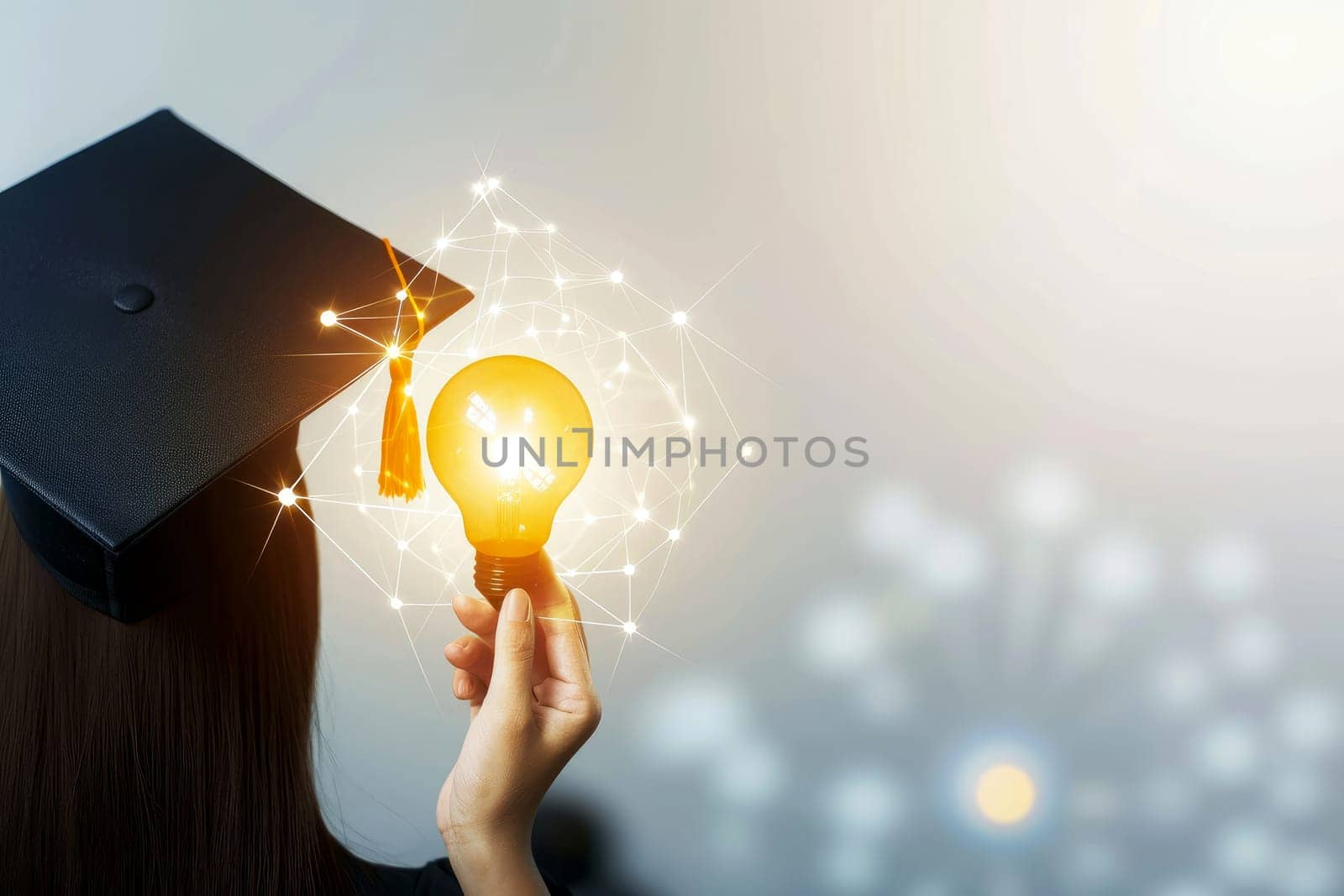 a woman with graduation, light bulb symbol of intelligence, generative ai by matamnad