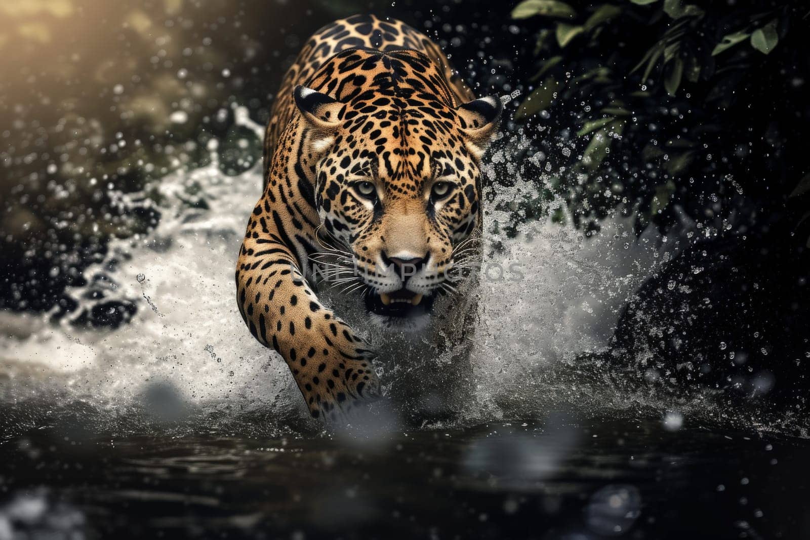 a close up of a leopard in the water with a splash of water on it's face and it's face..