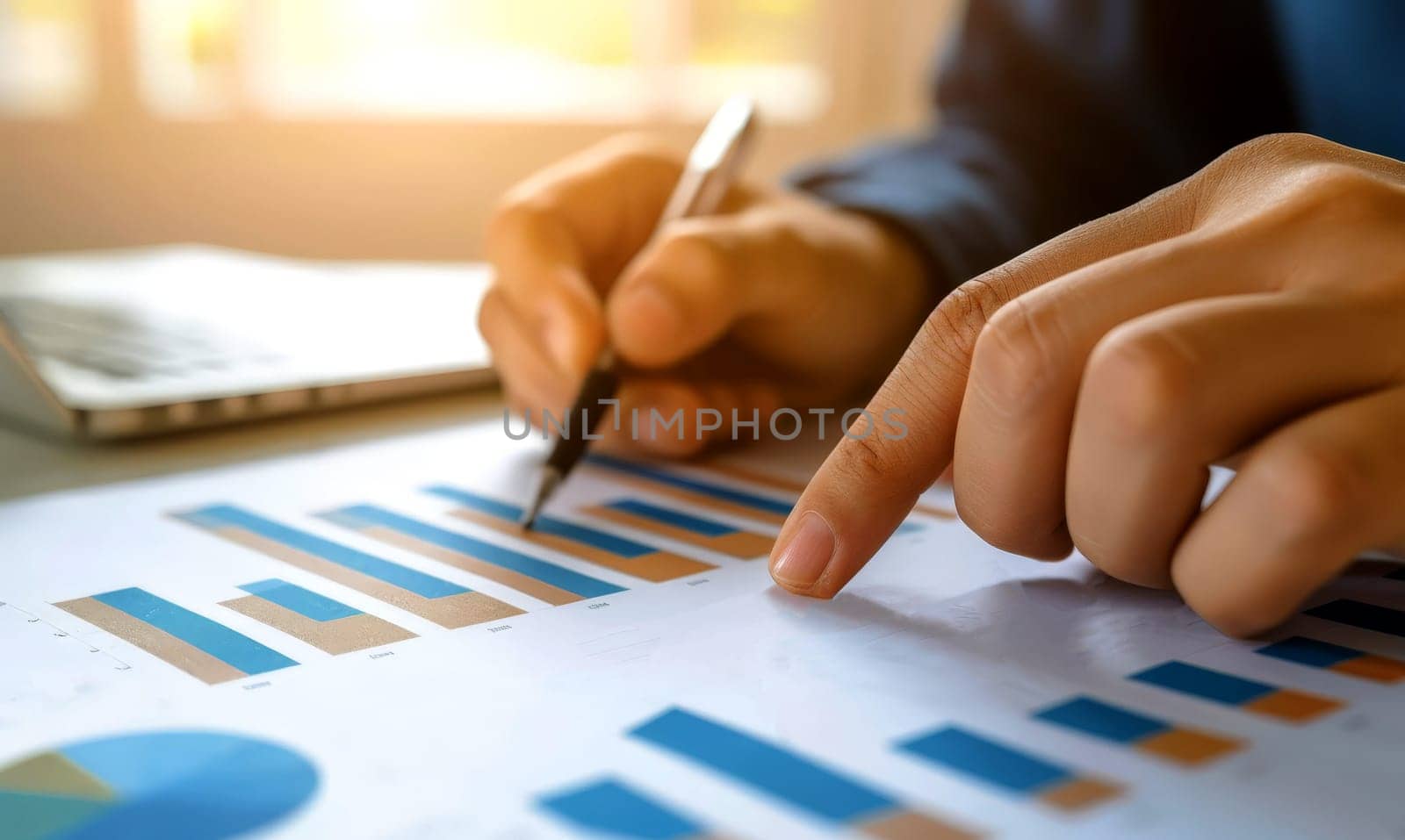 close up hand Businessman review report. Graphs and charts. Business reports concept Ai generated by matamnad