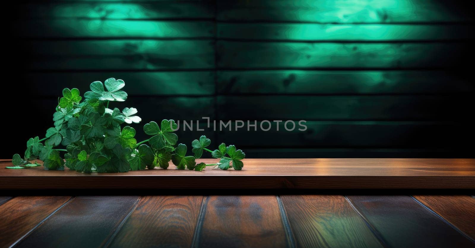 the empty wooden top with background of brick , Patrick's day theme decorations in green , green neon a shamrock leaf on background --ar 3:2 --style raw --stylize 250 Job ID: 6d00a1b4-1ed2-4ba0-aba5-77d7bed3cfb7