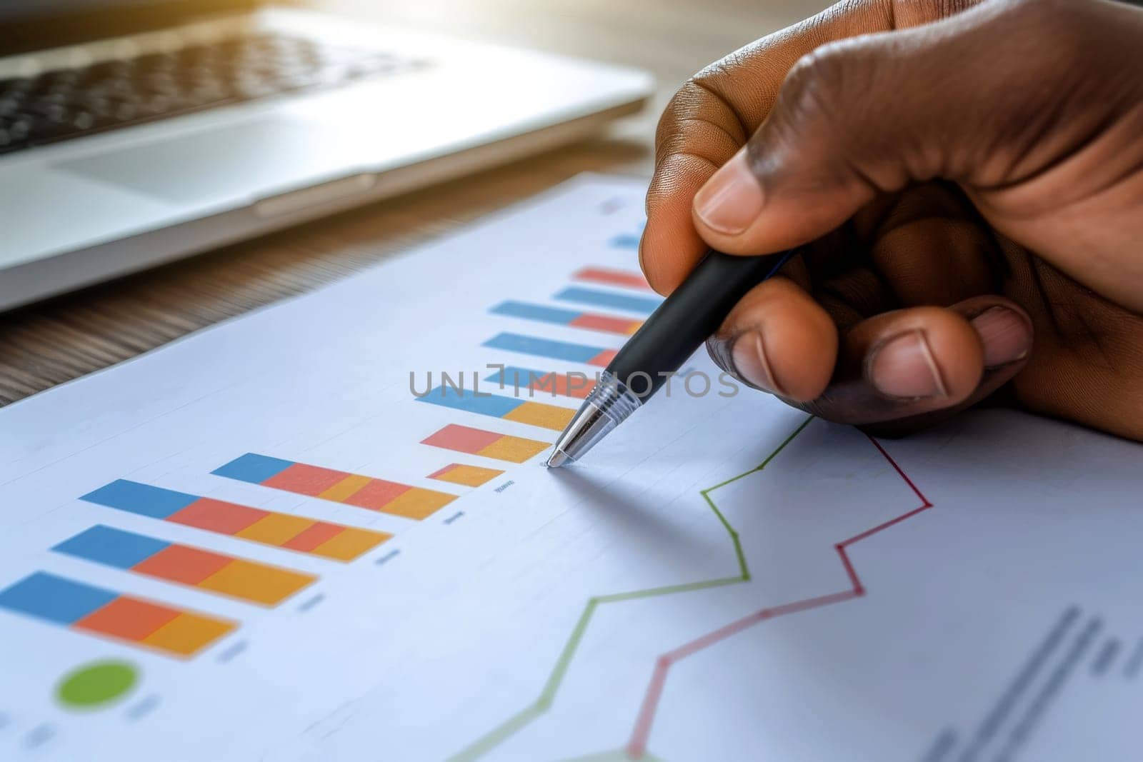 close up hand Businessman review report. Graphs and charts. Business reports concept Ai generated.