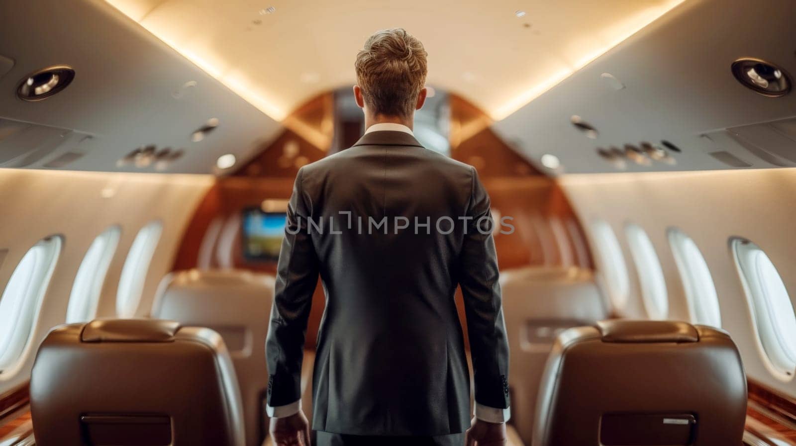 A departing plane business passenger with business attire. Ai generative by matamnad