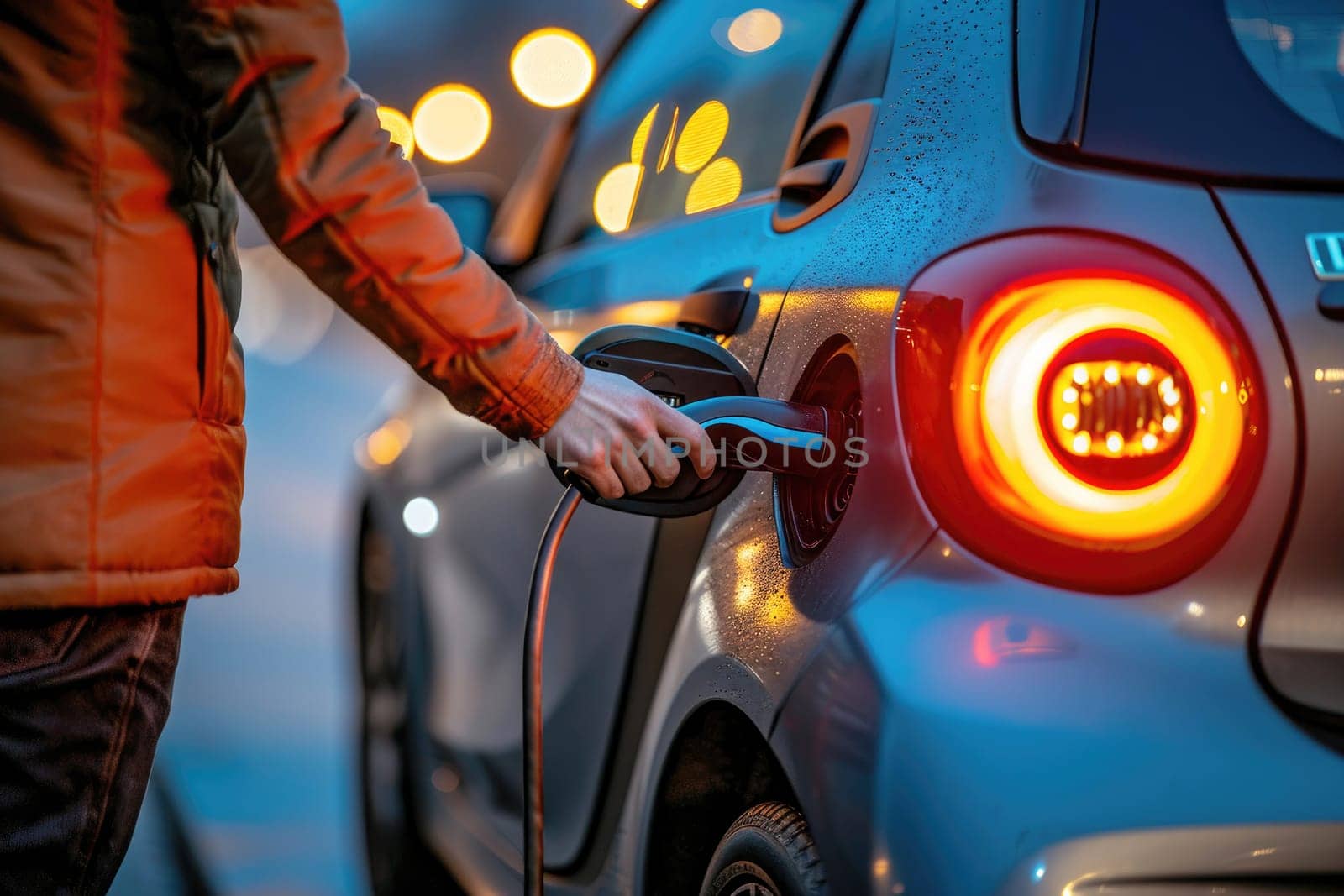 Close up shot of a man charging electric car. Generative AI.