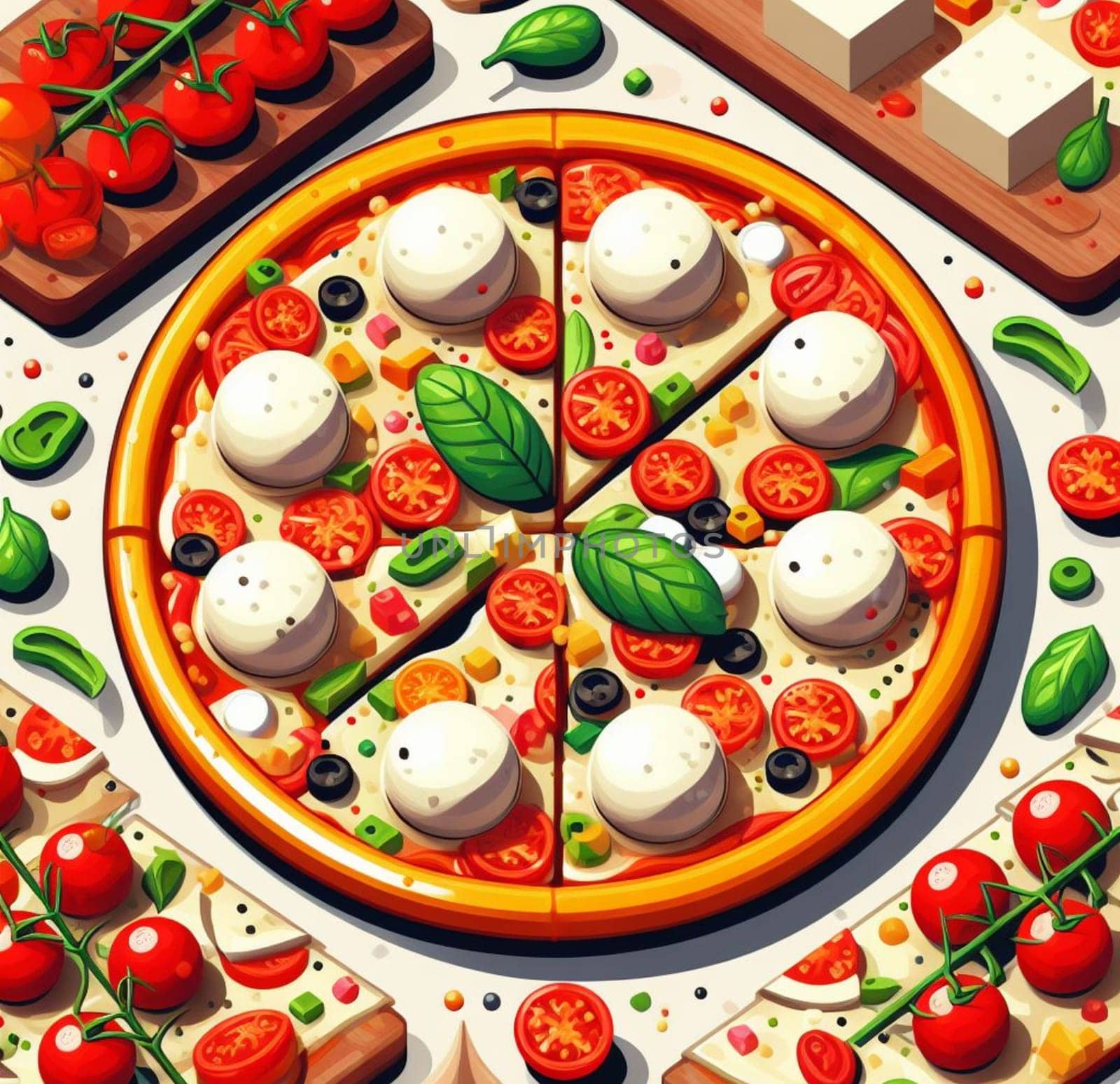 lay flat melted mozzarella cheese tomato and basil pizza ready to eat illustration by verbano