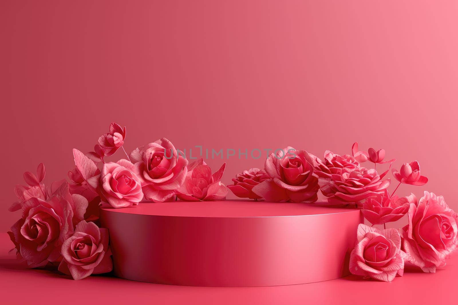 rose background with a podium backdrop for product presentation. valentine concept. Generative AI.