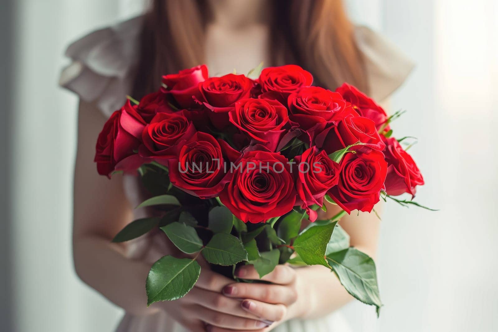 a woman holding a bouquet of roses.ai generative by matamnad