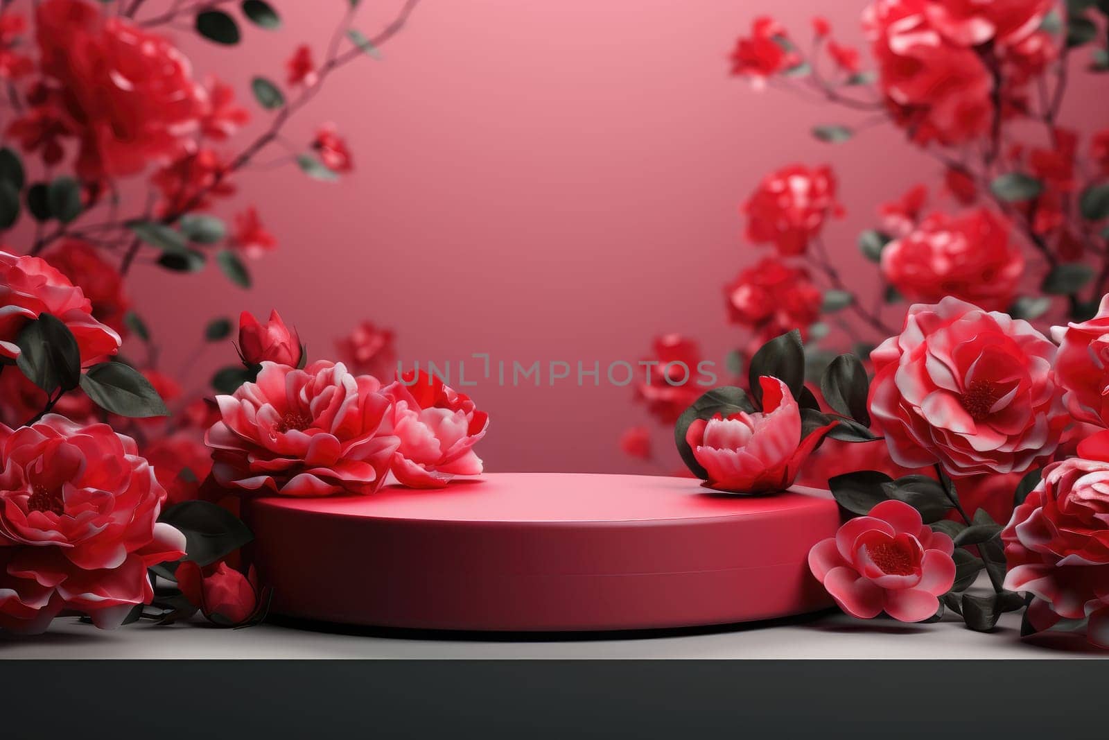 rose background with a podium backdrop for product presentation. valentine concept. Generative AI.