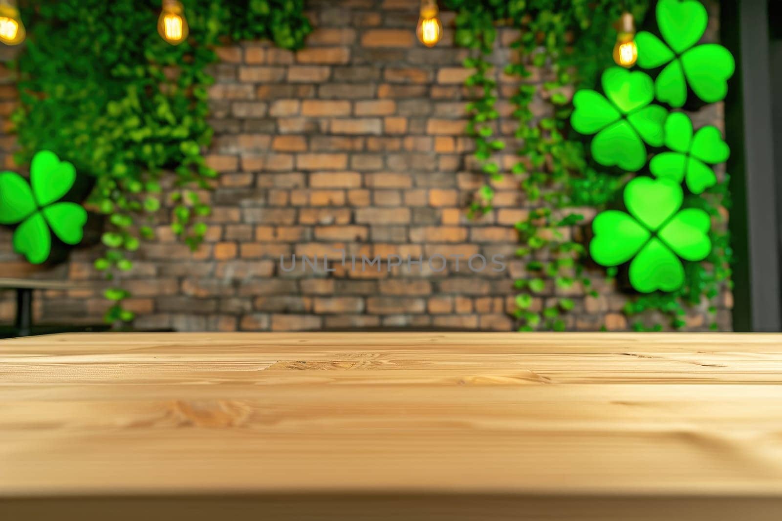 St. Patrick's Day concept. wooden table in front of shamrock leaf background . Generative Ai. by matamnad