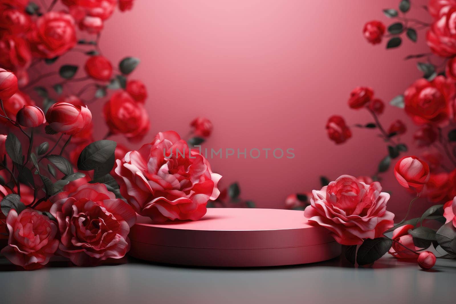 rose background with a podium backdrop for product presentation. valentine concept. Generative AI.