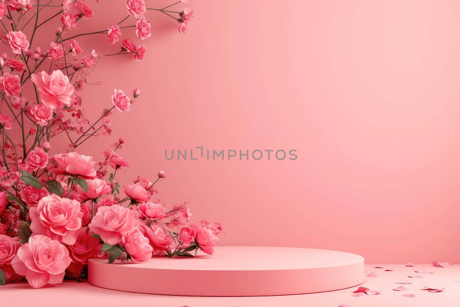 rose background with a podium backdrop for product presentation. valentine concept. Generative AI.