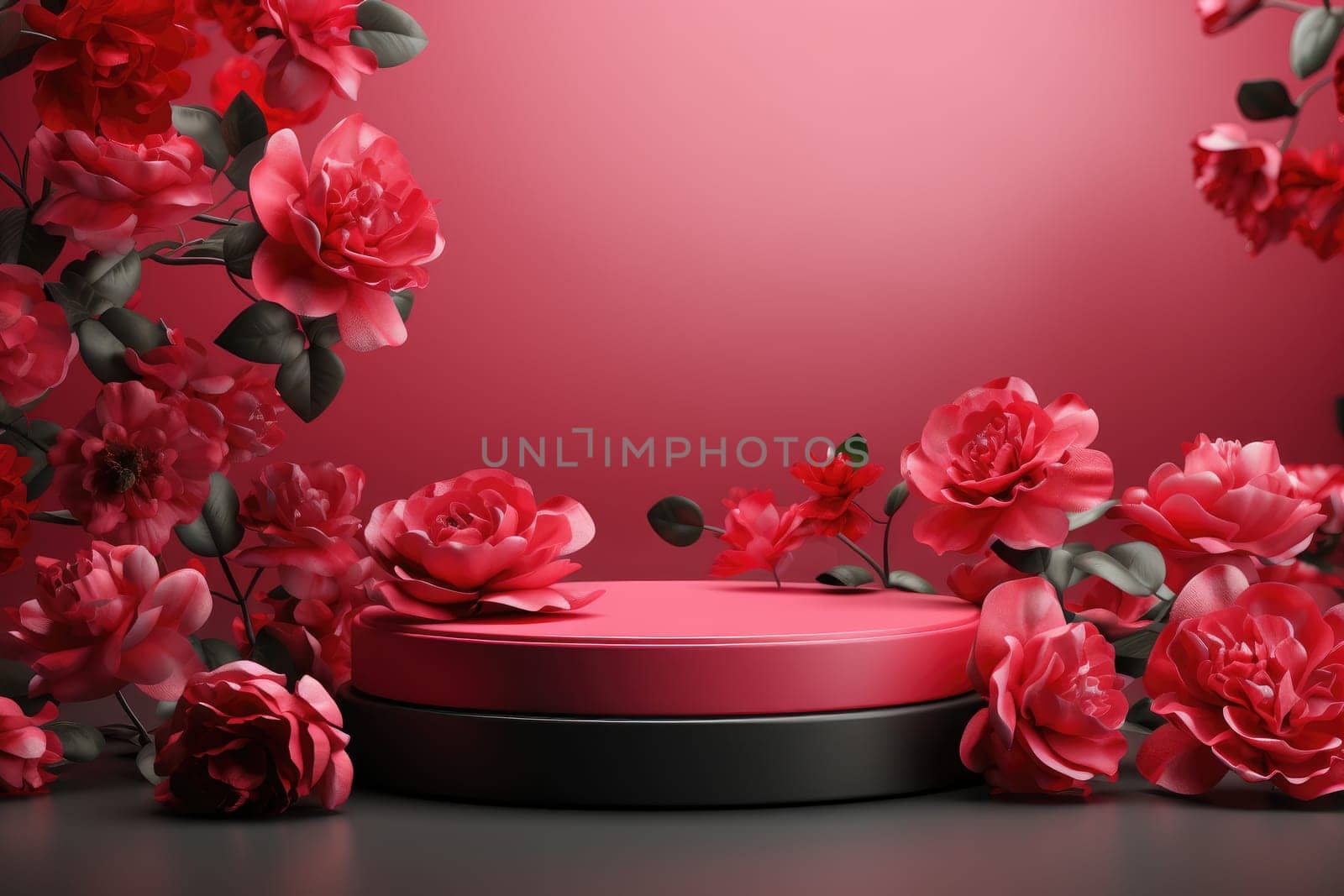 rose background with a podium backdrop for product presentation. valentine concept. Generative AI.