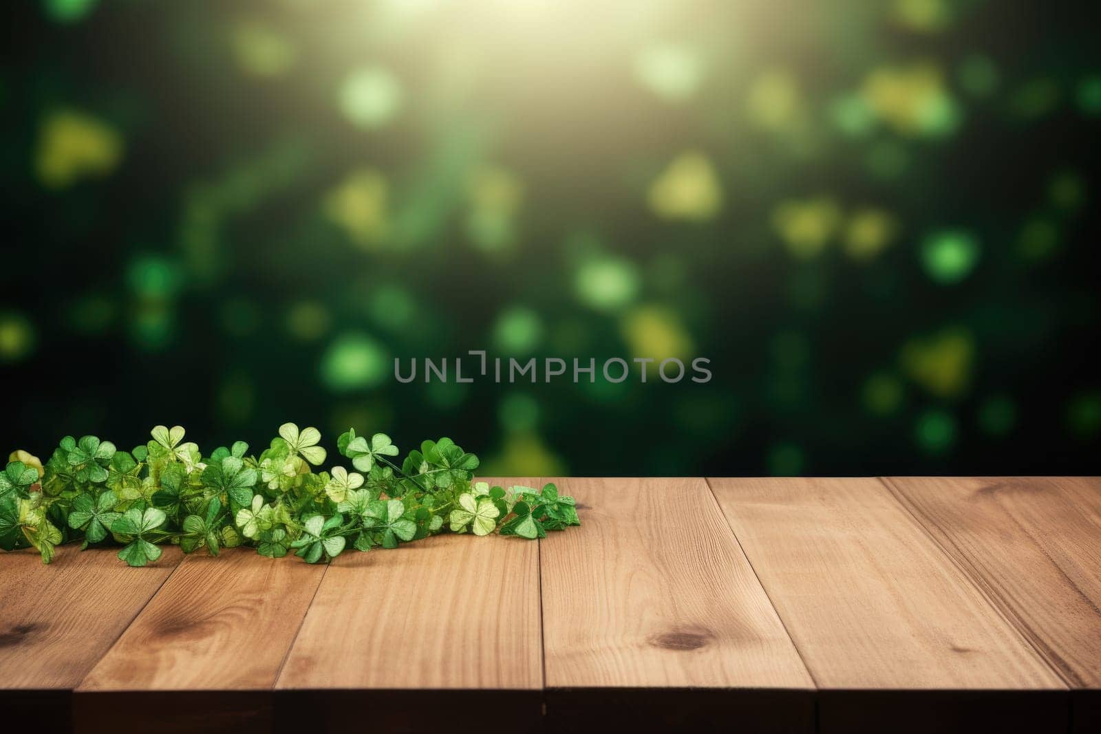 St. Patrick's Day concept. wooden table in front of shamrock leaf background . Generative Ai. by matamnad