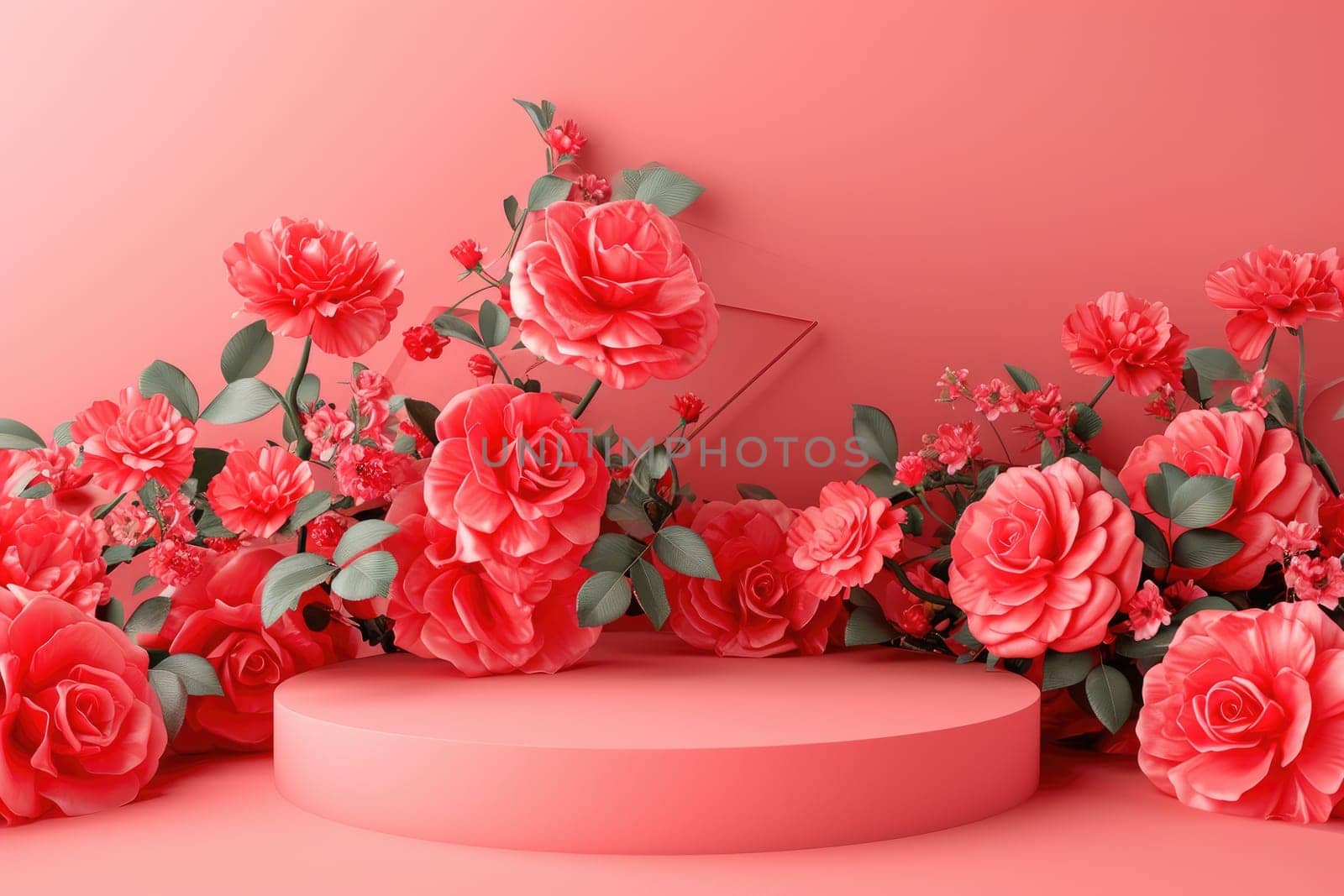 rose background with a podium backdrop for product presentation. valentine concept. Generative AI.