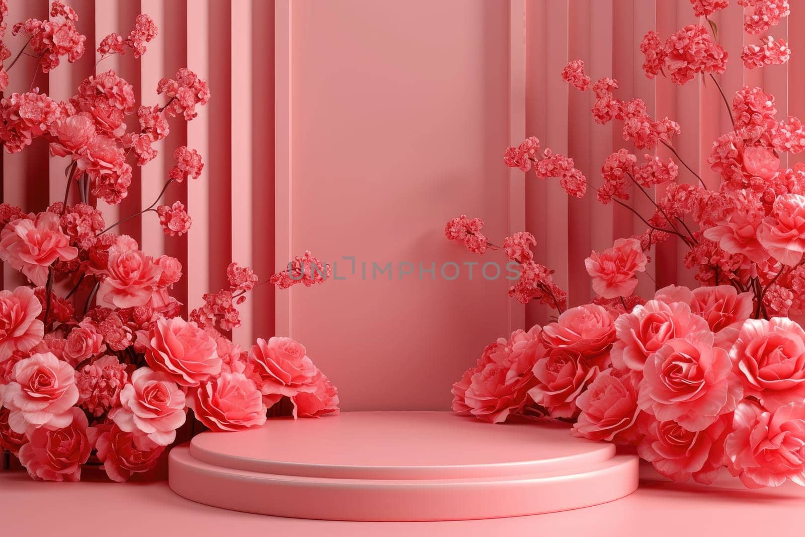 rose background with a podium backdrop for product presentation. valentine concept. Generative AI.