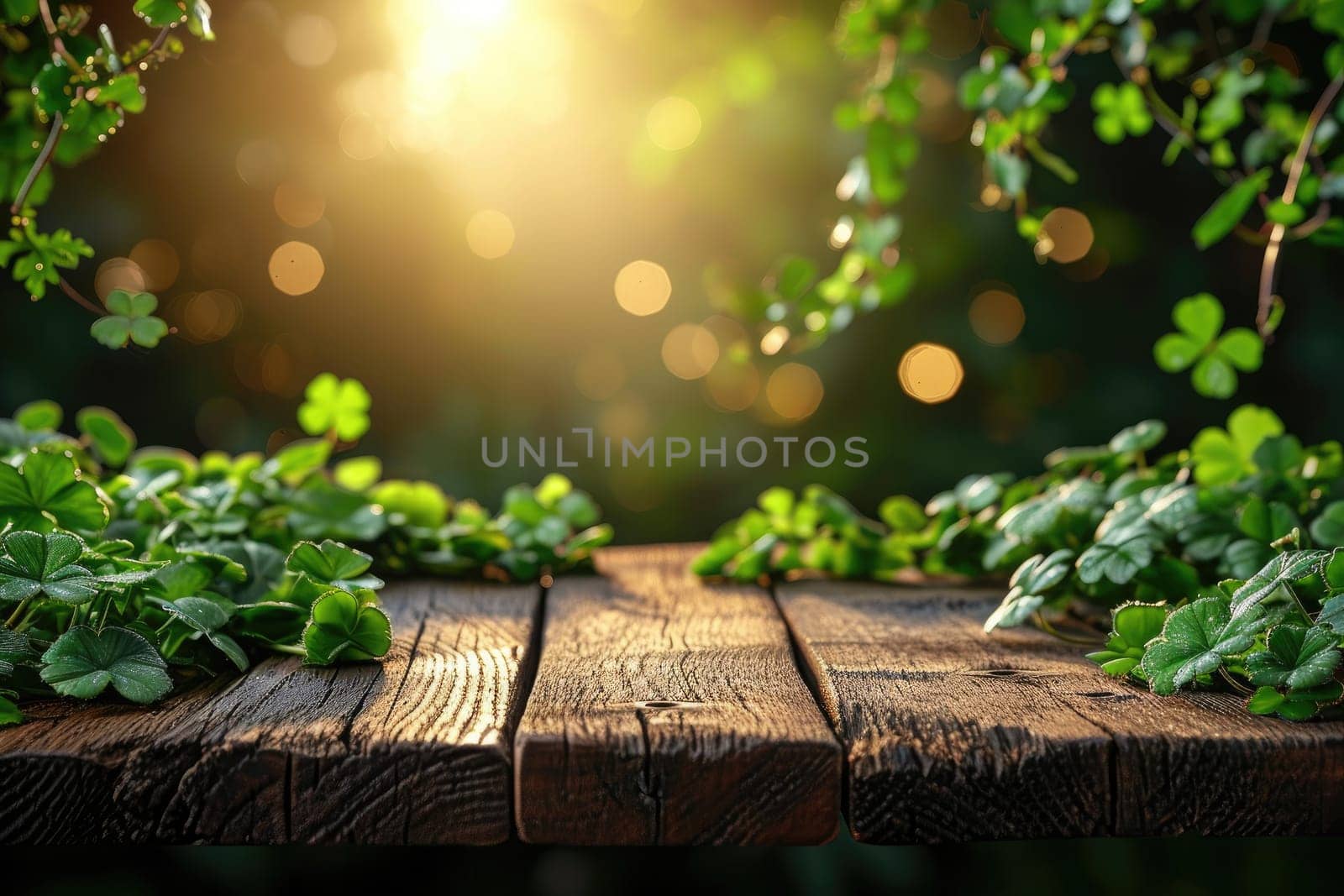 St. Patrick's Day concept. wooden table in front of shamrock leaf background . Generative Ai. by matamnad
