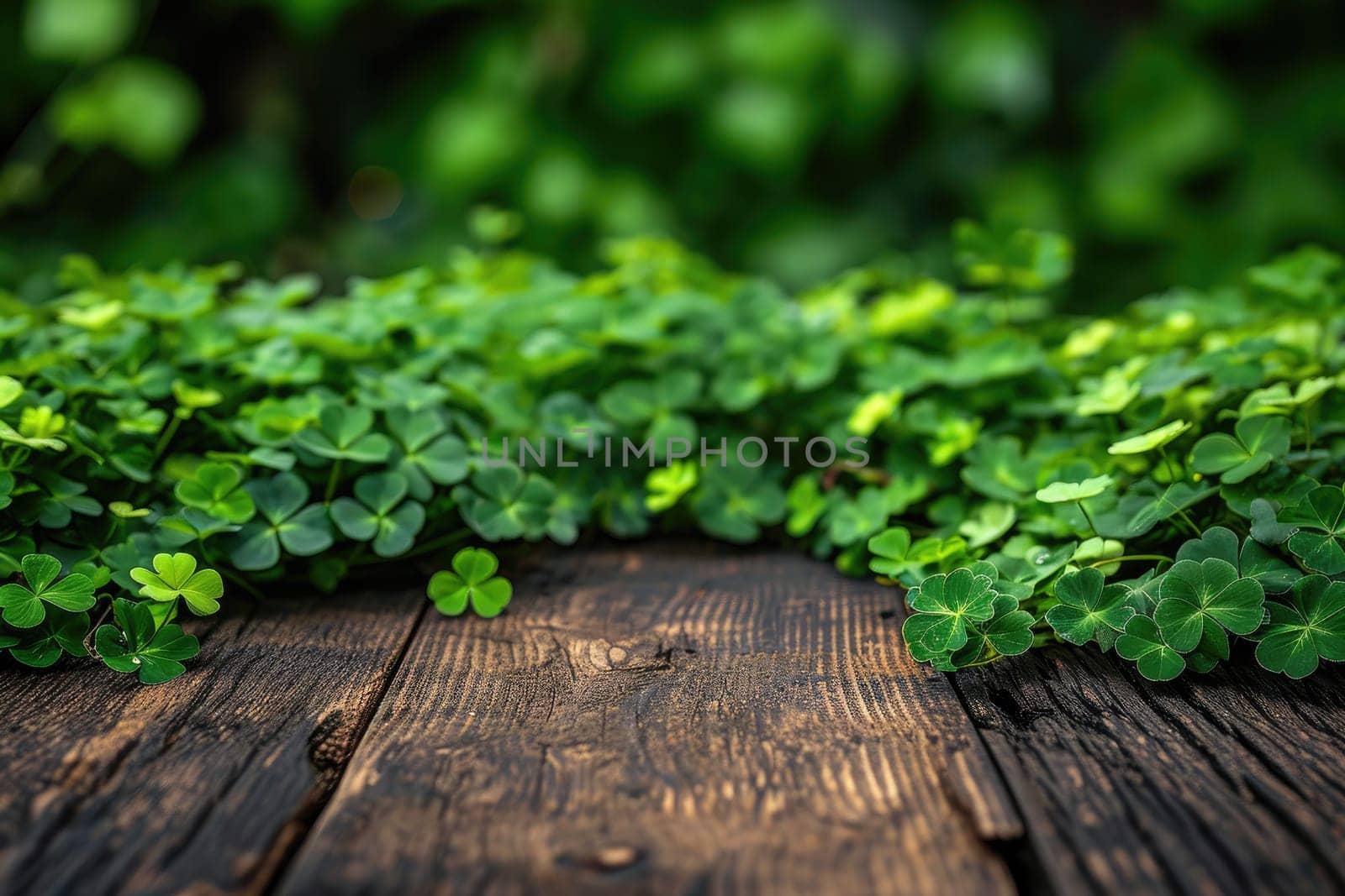 St. Patrick's Day concept. wooden table in front of shamrock leaf background . Generative Ai..