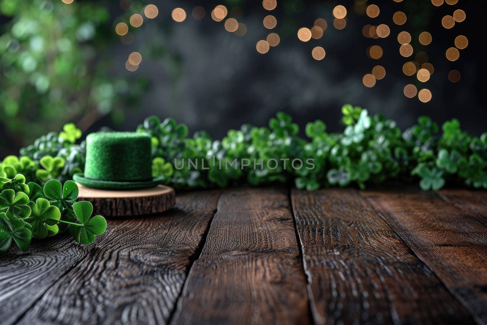 St. Patrick's Day concept. wooden table in front of shamrock leaf background . Generative Ai..