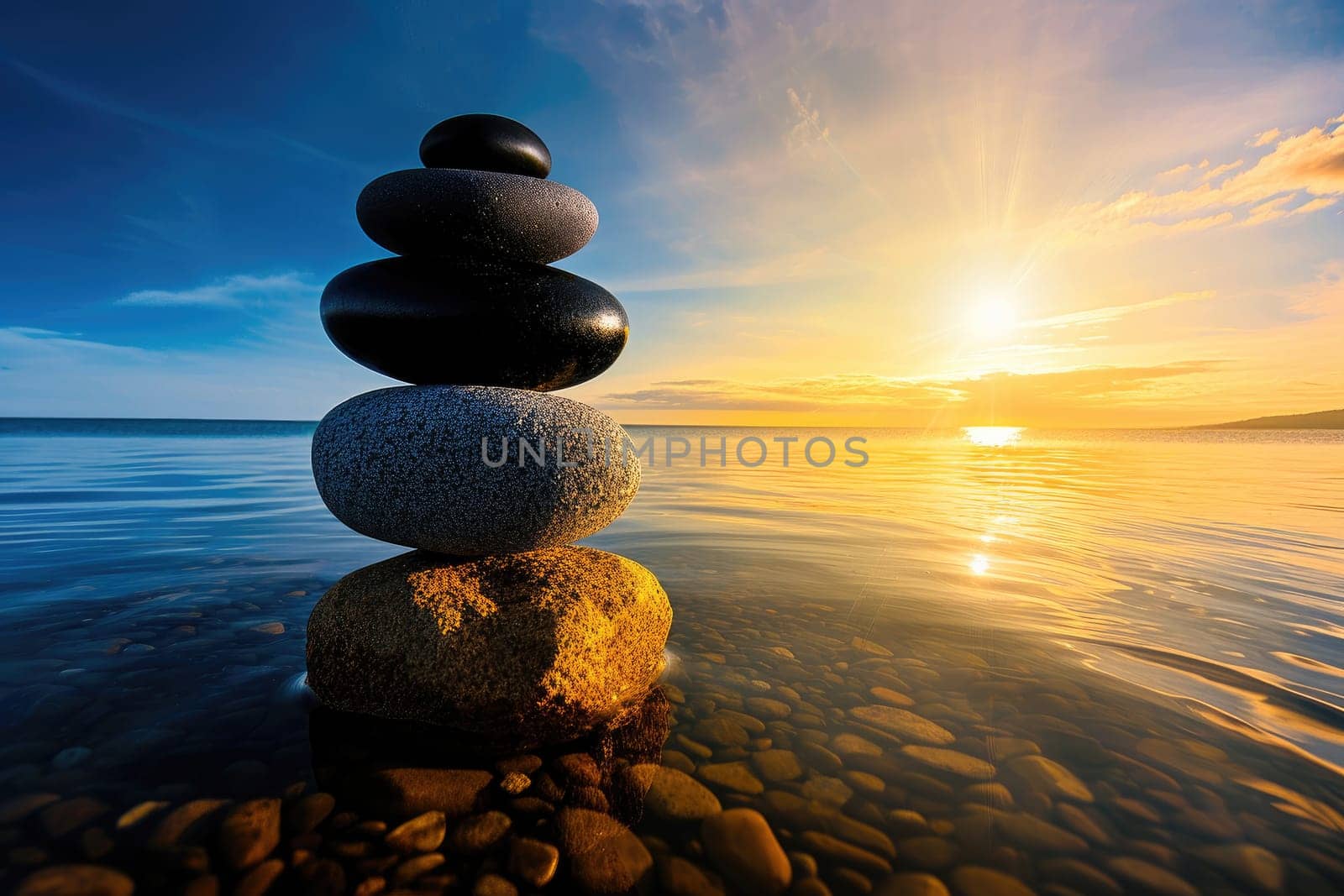 a stack of rocks sitting on top of a pile of rocks in day and night background . generative ai.