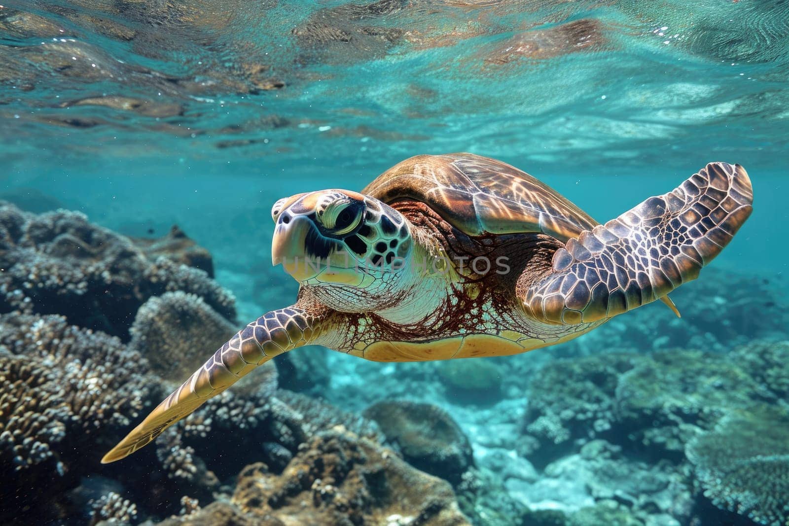 Sea turtle swims under water. Generative AI..