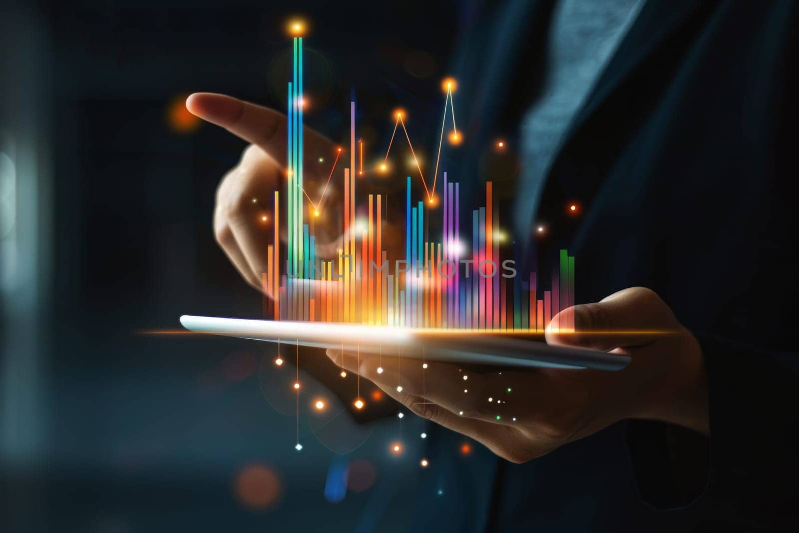 businessman points at a chart depicting financial goals and worldwide business planning.