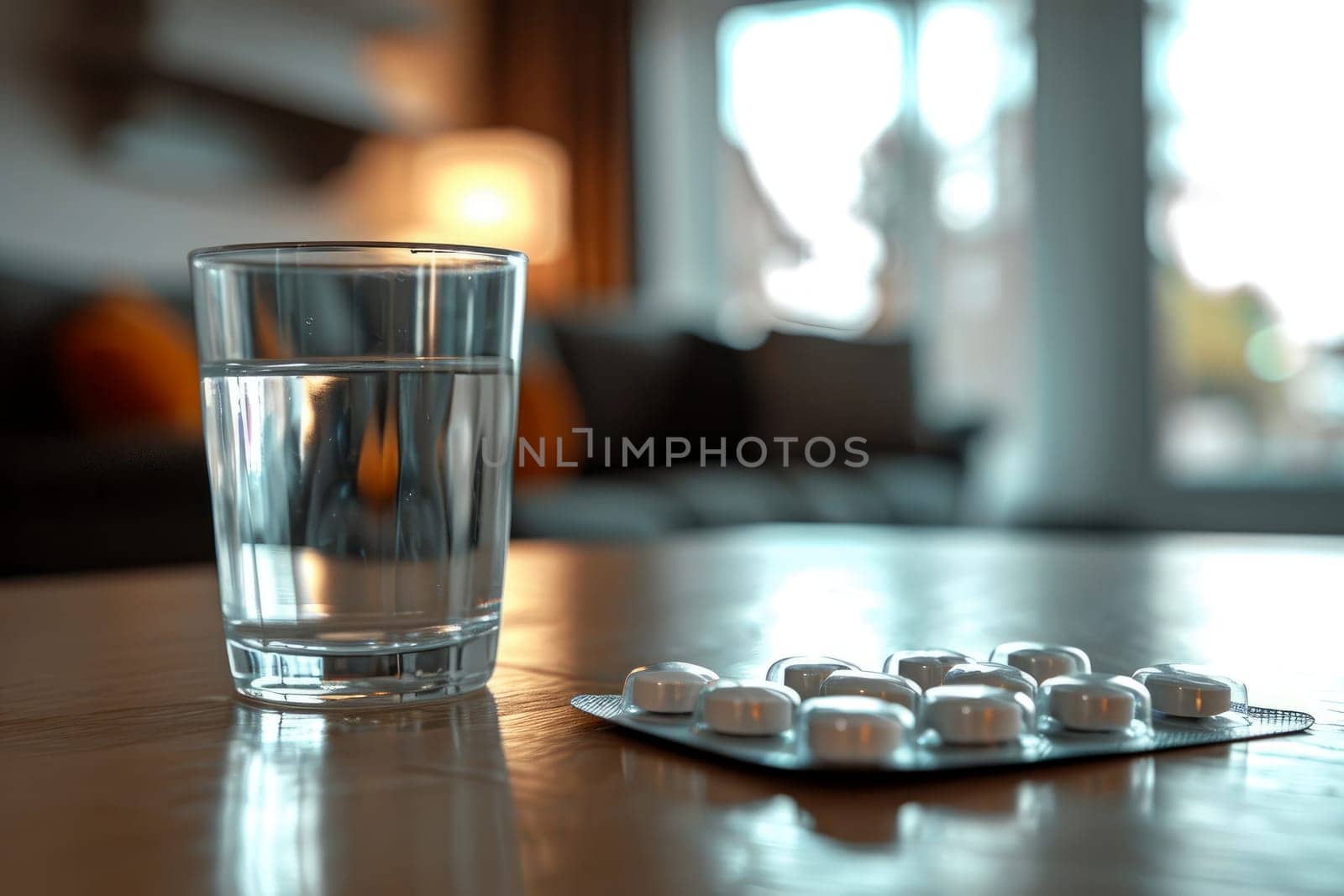 a glass of water on wooden table next to a pill.ai generative.