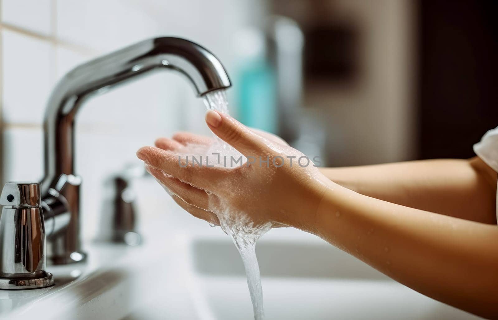 Close up shot of hands washing in the sink. Generative AI.