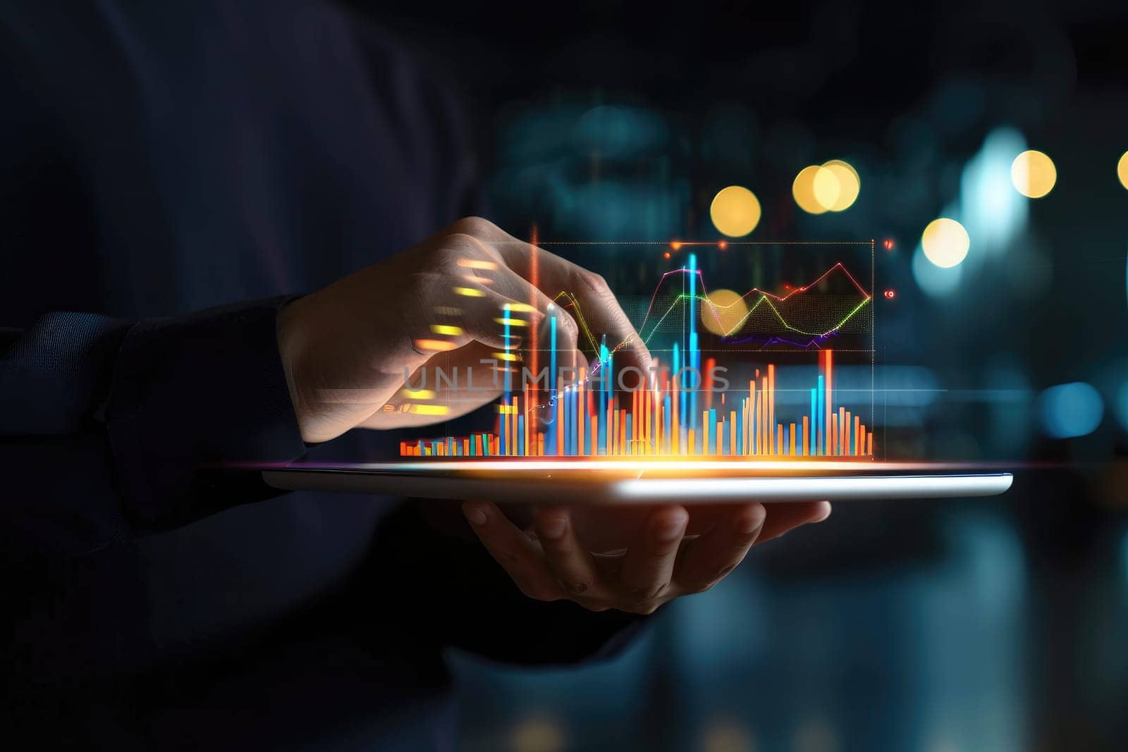 businessman points at a chart depicting financial goals and worldwide business planning.