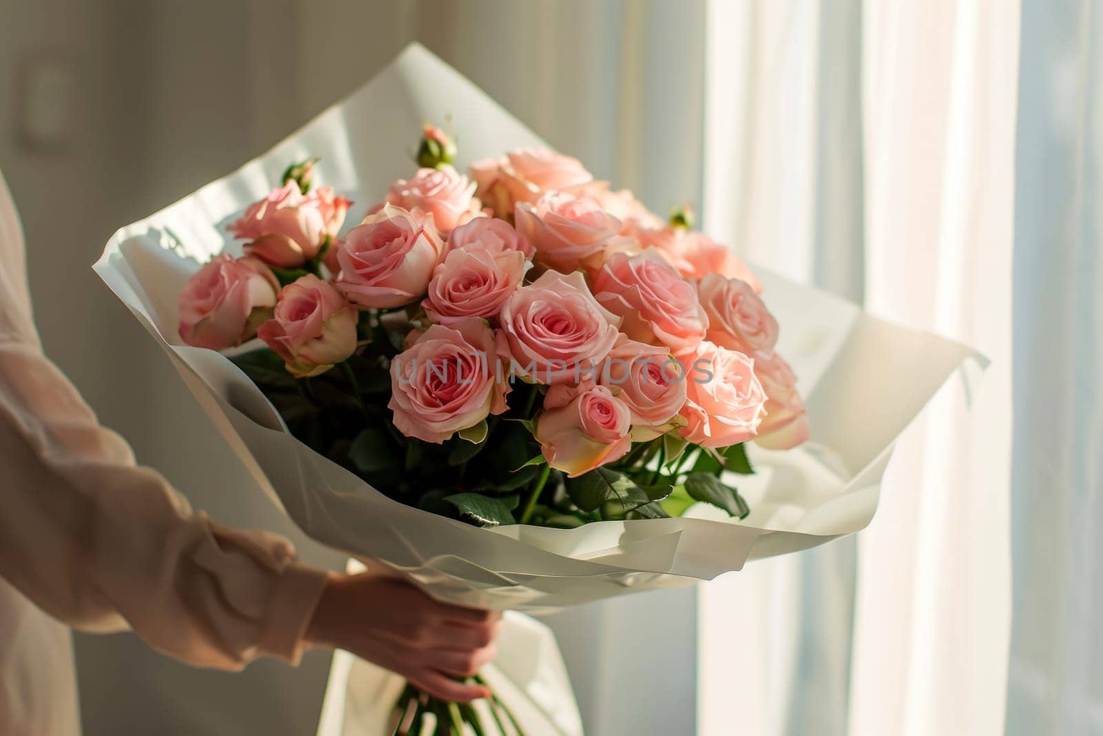 a woman holding a bouquet of roses.ai generative.