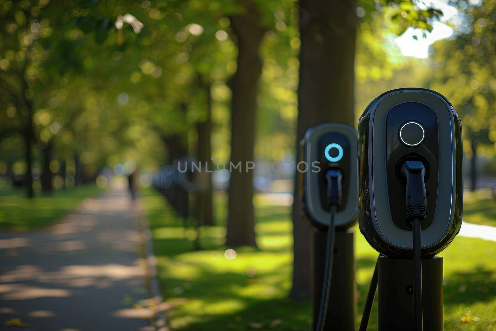 EV fast electric vehicle chargers station in park city, Generative AI.