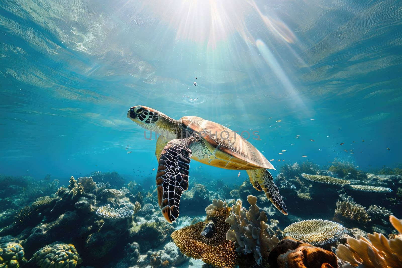 Sea turtle swims under water. Generative AI..