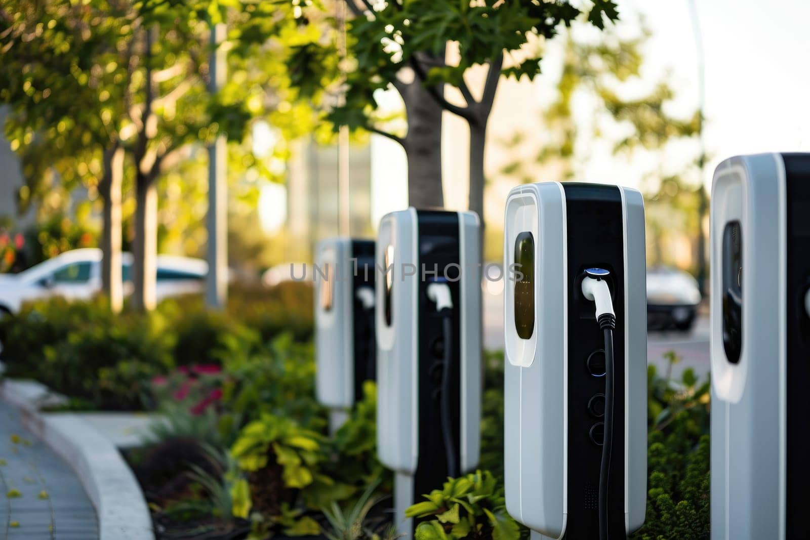 EV fast electric vehicle chargers station in park city, Generative AI.