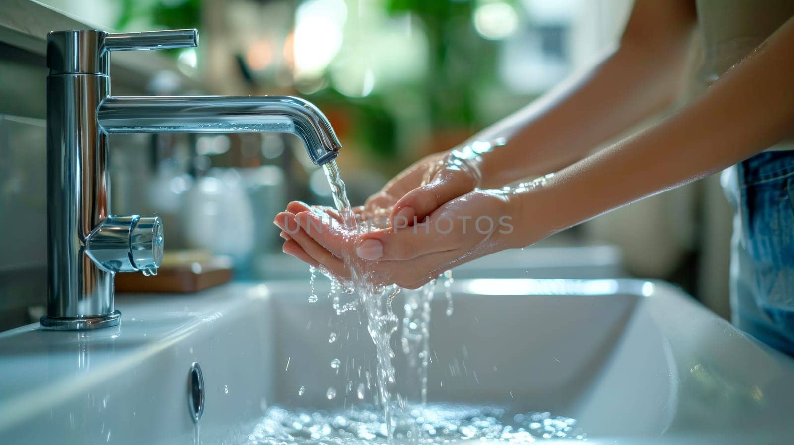 Close up shot of hands washing in the sink. Generative AI.