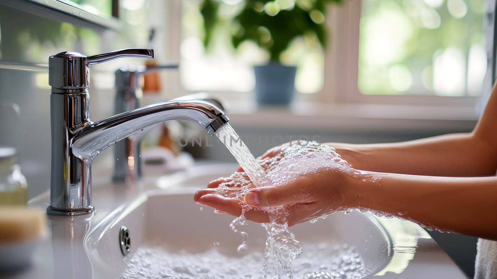 Close up shot of hands washing in the sink. Generative AI.