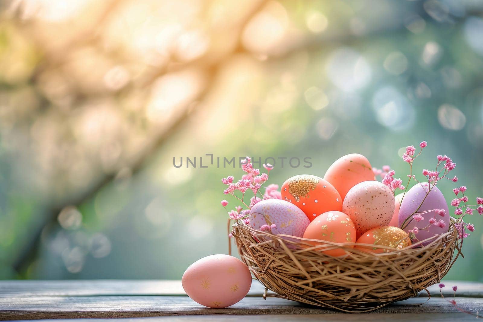 Easter basket with Easter eggs on wooden table , green background. ai generative.