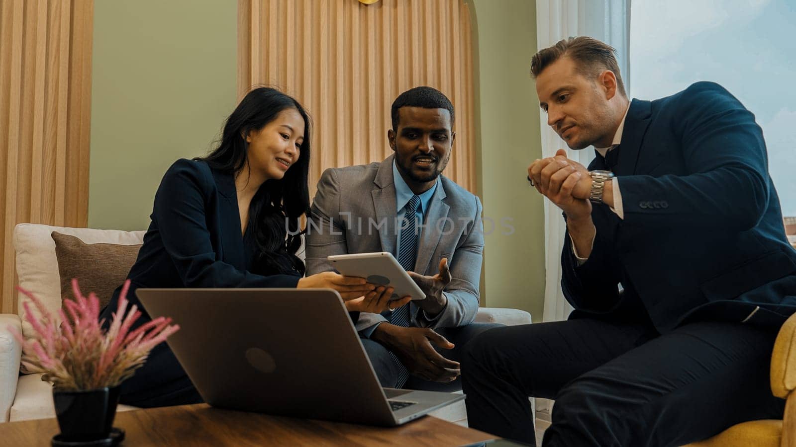 Ornamented office overlooking city skyline, diversity corporate professional discuss ambitious business expansion or strategic marketing. Financial advisor give consulting business insights and idea