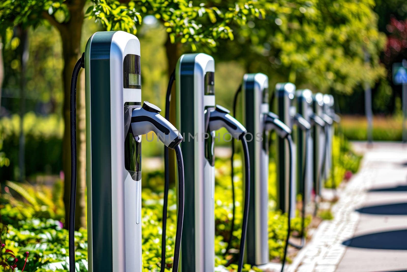 EV fast electric vehicle chargers station in park city, Generative AI.