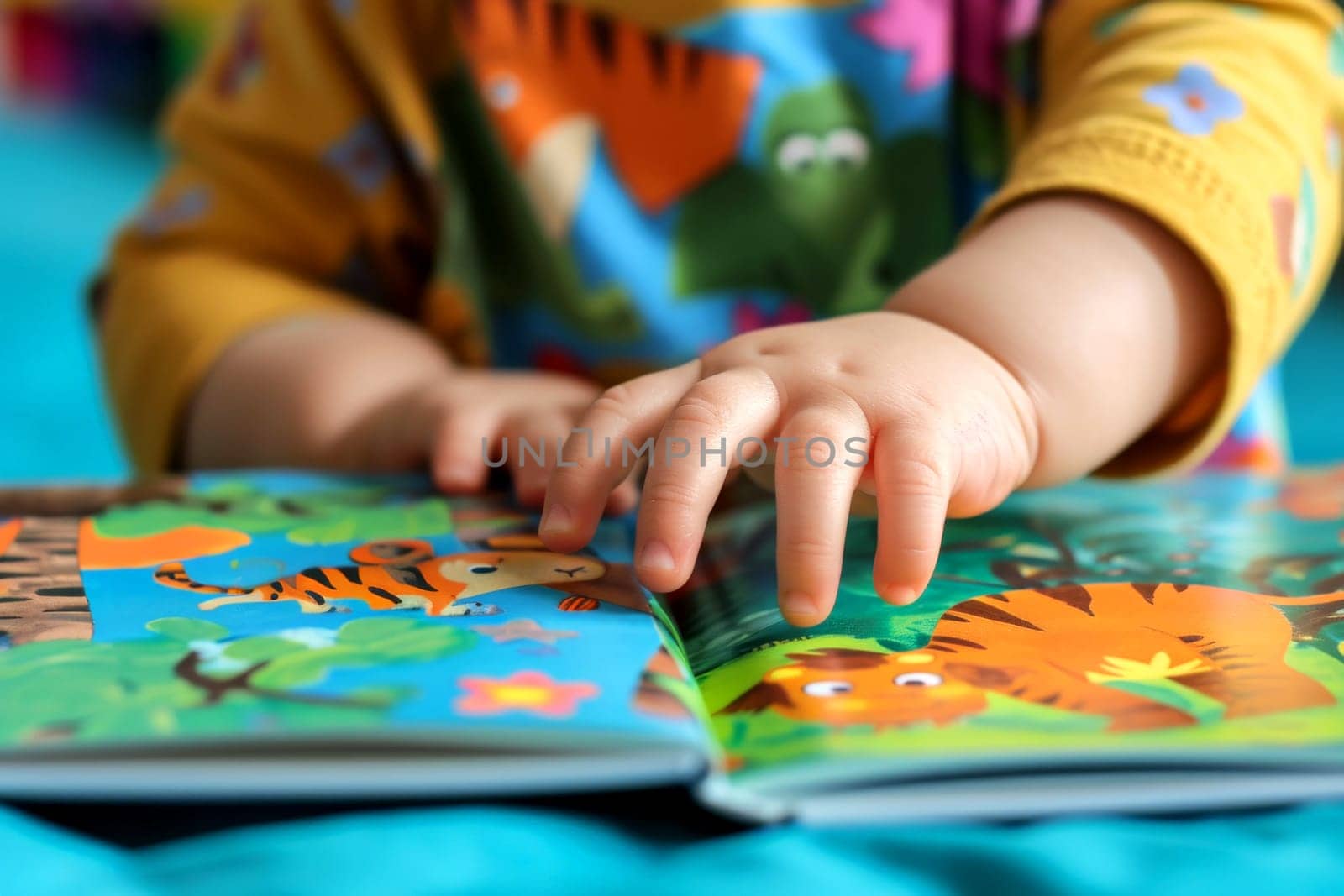 Cute children baby reading book . Education learning concept. AI generative.